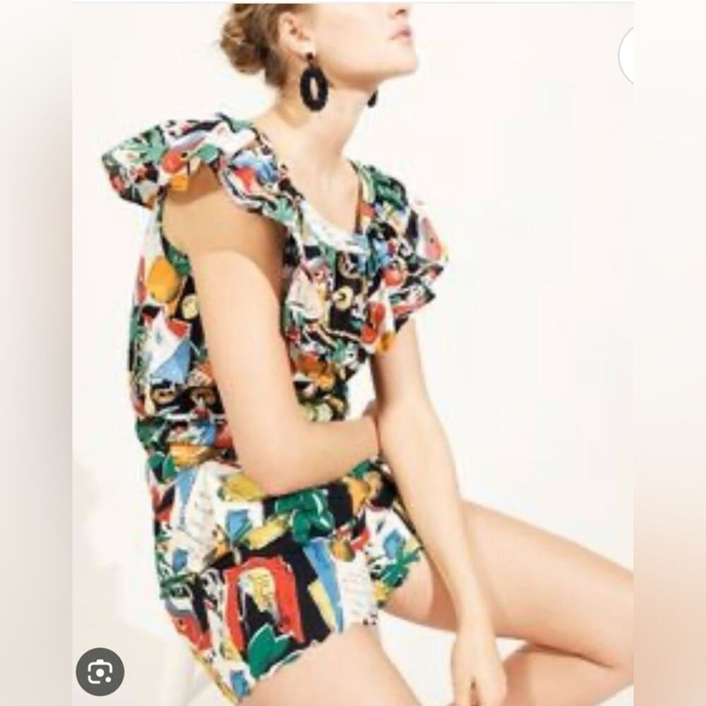 J.CREW Postcard Novelty Print Ruffle Popover Top & High Rise Shorts Resortwear 2
